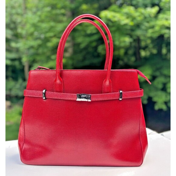 M London Red Leather Snakeskin Like Embossed Leather Purse Tote Signature Lining - Picture 1 of 16